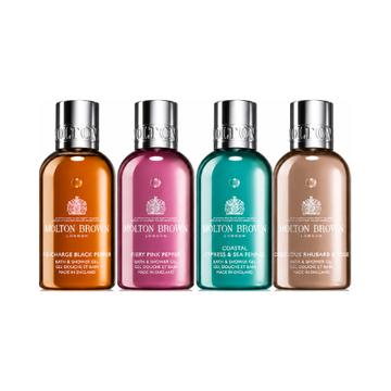 Molton Brown Woody & Floral Body Care Collection 4 x 100ml Re charge Black Pepper Bath & Shower Gel + Delicious Rhubarb & Rose Bath & Shower Gel + Coastal Cypress & Sea Fennel Bath & Shower Gel + Fiery Pink Pepper Bath & Shower Gel